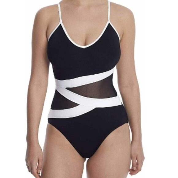 Anne Cole BLACK WHITE Asymmetric Mesh One Piece Swimsuit  US 6 NWT - Picture 1 of 2